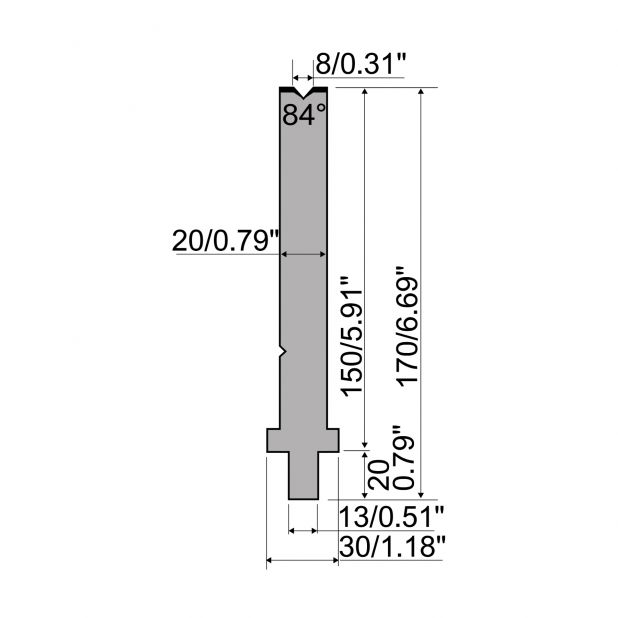 Matrize R2 mit Arbeitshöhe=150mm, α=84°, Radius=0,8mm, Material=42Cr, Max. Presskraft=400kN/m.