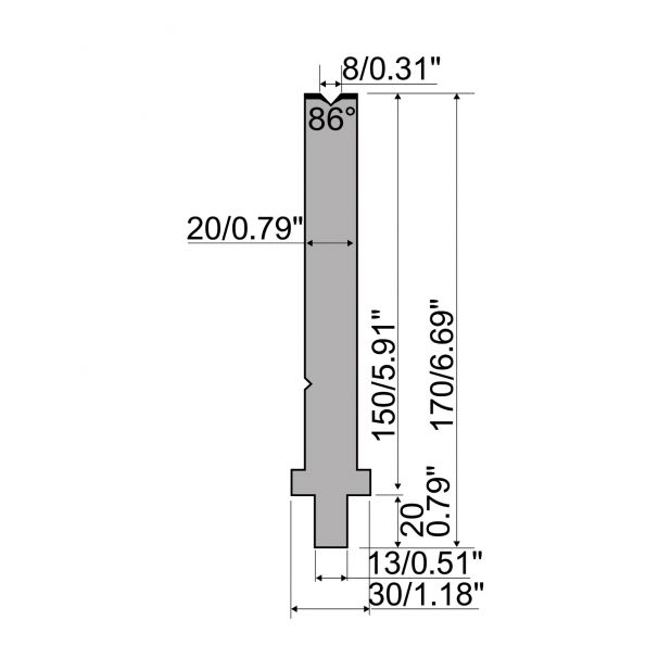 Matrize R2 mit Arbeitshöhe=150mm, α=86°, Radius=0,8mm, Material=42Cr, Max. Presskraft=400kN/m.