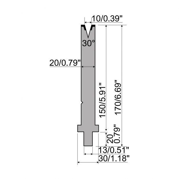 Matrize R2 mit Arbeitshöhe=150mm, α=30°, Radius=1mm, Material=42Cr, Max. Presskraft=400kN/m.