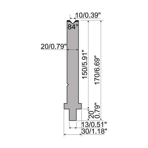Matrize R2 mit Arbeitshöhe=150mm, α=84°, Radius=1mm, Material=42Cr, Max. Presskraft=500kN/m.