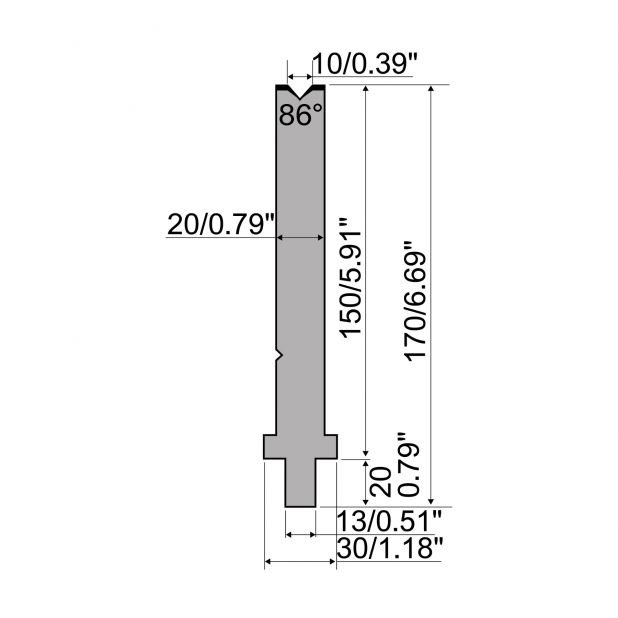 Matrize R2 mit Arbeitshöhe=150mm, α=86°, Radius=1mm, Material=42Cr, Max. Presskraft=500kN/m.