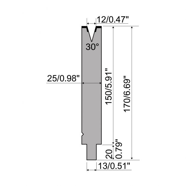 Matrize R2 mit Arbeitshöhe=150mm, α=30°, Radius=1mm, Material=42Cr, Max. Presskraft=400kN/m.