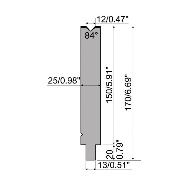 Matrize R2 mit Arbeitshöhe=150mm, α=84°, Radius=1mm, Material=42Cr, Max. Presskraft=500kN/m.