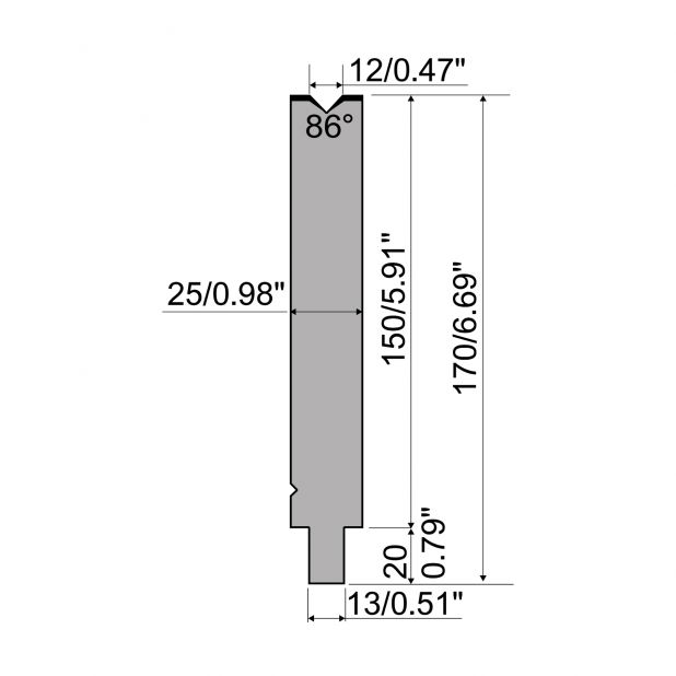 Matrize R2 mit Arbeitshöhe=150mm, α=86°, Radius=1mm, Material=42Cr, Max. Presskraft=500kN/m.
