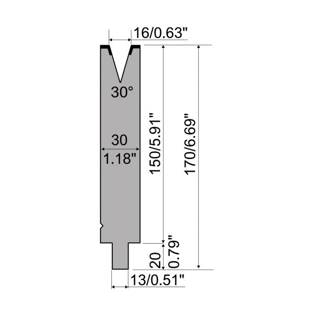 Matrize R2 mit Arbeitshöhe=150mm, α=30°, Radius=1,6mm, Material=42Cr, Max. Presskraft=500kN/m.