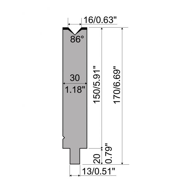 Matrize R2 mit Arbeitshöhe=150mm, α=86°, Radius=1,6mm, Material=42Cr, Max. Presskraft=700kN/m.