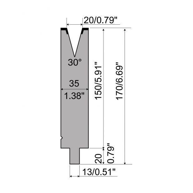 Matrize R2 mit Arbeitshöhe=150mm, α=30°, Radius=2mm, Material=42Cr, Max. Presskraft=600kN/m.