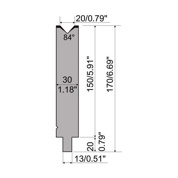 Matrize R2 mit Arbeitshöhe=150mm, α=84°, Radius=2mm, Material=42Cr, Max. Presskraft=700kN/m.