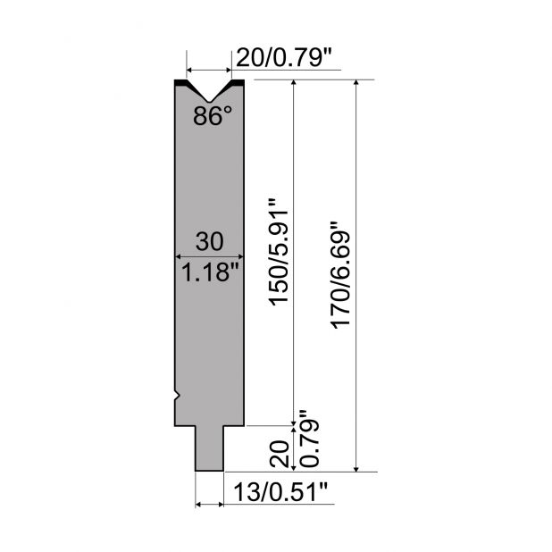 Matrize R2 mit Arbeitshöhe=150mm, α=86°, Radius=2mm, Material=42Cr, Max. Presskraft=700kN/m.