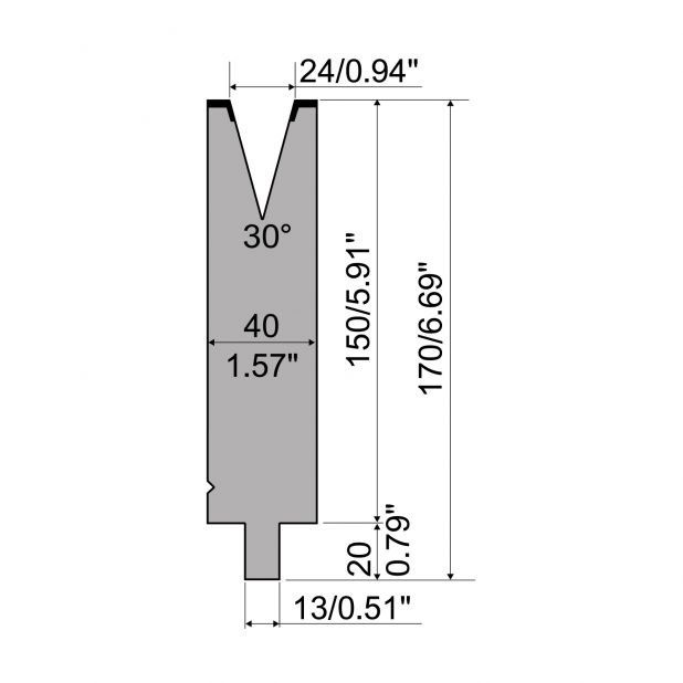 Matrize R2 mit Arbeitshöhe=150mm, α=30°, Radius=2,5mm, Material=42Cr, Max. Presskraft=650kN/m.