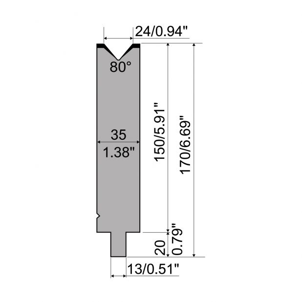 Matrize R2 mit Arbeitshöhe=150mm, α=80°, Radius=2,5mm, Material=42Cr, Max. Presskraft=700kN/m.