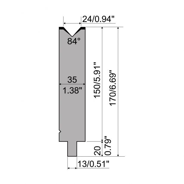 Matrize R2 mit Arbeitshöhe=150mm, α=84°, Radius=2,5mm, Material=42Cr, Max. Presskraft=700kN/m.