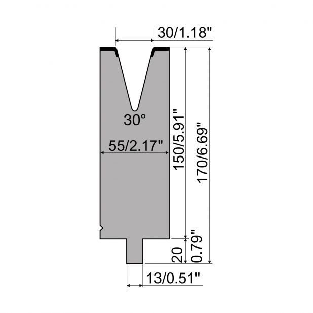 Matrize R2 mit Arbeitshöhe=150mm, α=30°, Radius=3mm, Material=42Cr, Max. Presskraft=900kN/m.