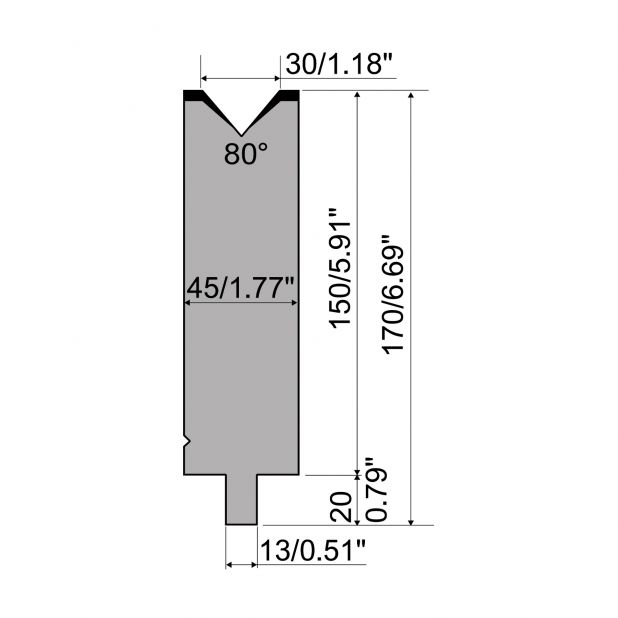 Matrize R2 mit Arbeitshöhe=150mm, α=80°, Radius=5mm, Material=42Cr, Max. Presskraft=900kN/m.