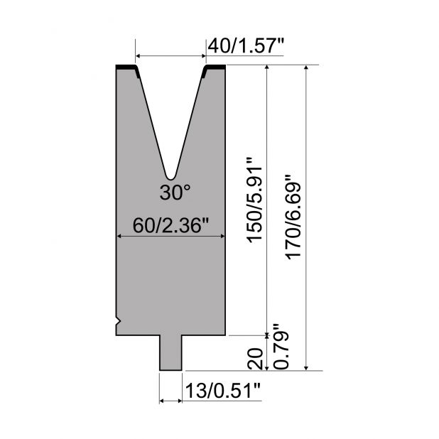 Matrize R2 mit Arbeitshöhe=150mm, α=30°, Radius=5mm, Material=42Cr, Max. Presskraft=900kN/m.