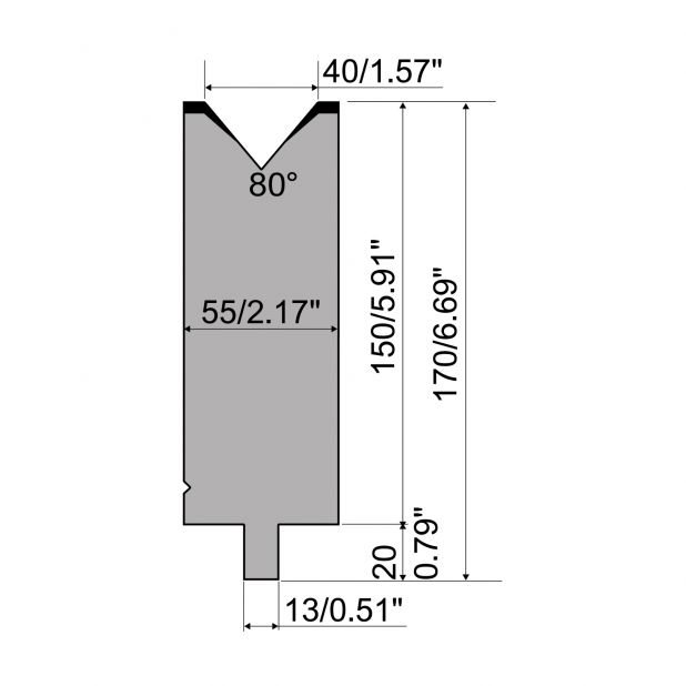 Matrize R2 mit Arbeitshöhe=150mm, α=80°, Radius=5mm, Material=42Cr, Max. Presskraft=1200kN/m.