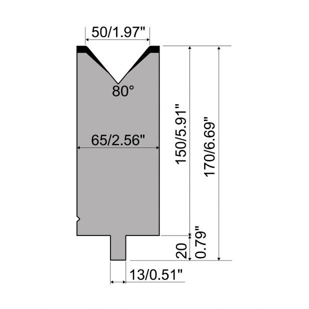 Matrize R2 mit Arbeitshöhe=150mm, α=80°, Radius=5mm, Material=42Cr, Max. Presskraft=1500kN/m.