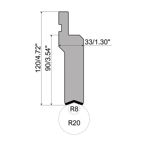 "Radius punch R1 European type TOP Serie with Working height=90mm, Radius=8-20mm, Material=42Cr, Max. load=100