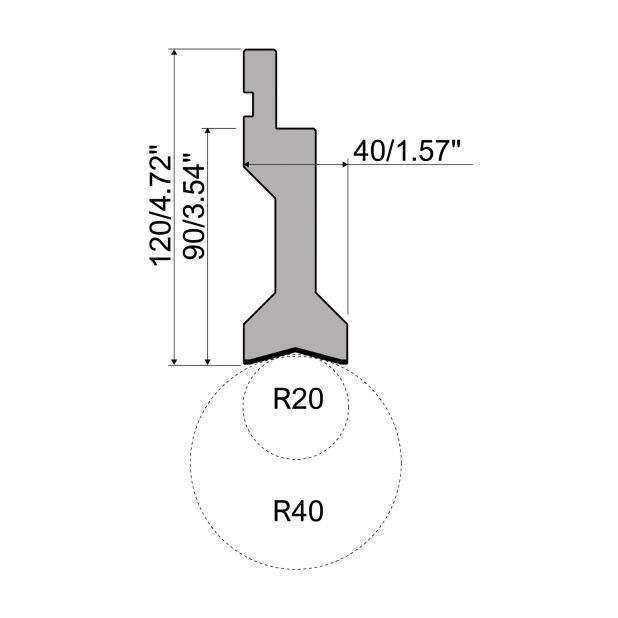 Radienwerkzeuge R1 Serie TOP mit Arbeitshöhe=90mm, Radius=20-40mm, Material=42Cr, Max. Presskraft=1000kN/m.Zu