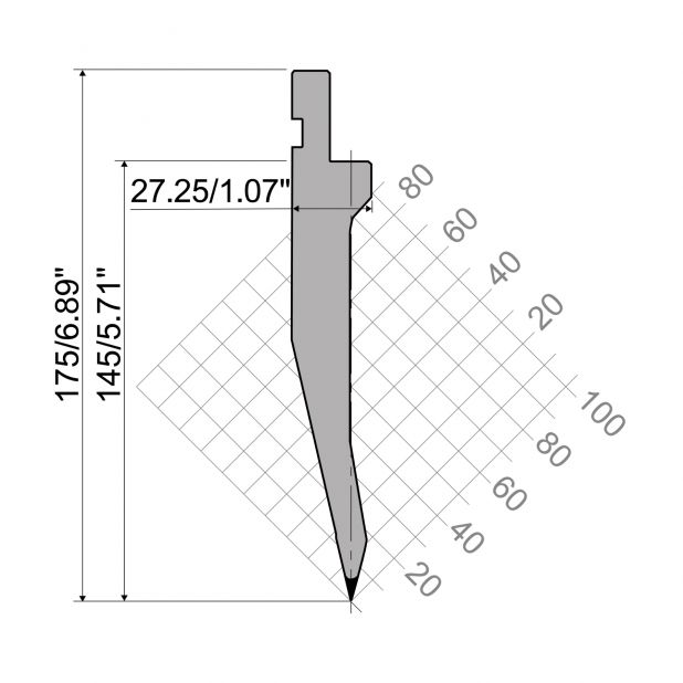 Punch R1 European type TOP Series with Working height=145mm, α=26°, Radius=0,8mm, Material=42Cr, Max. load=9