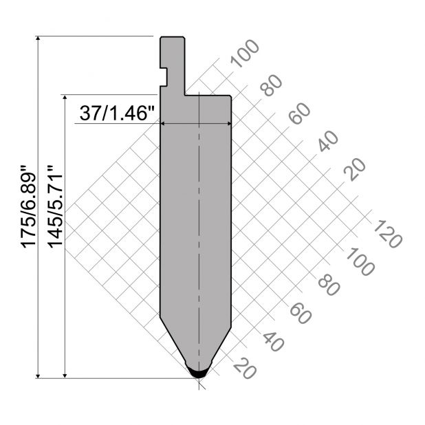 Punch R1 European type TOP Series with Working height=145mm, α=60°, Radius=5mm, Material=42Cr, Max. load=160