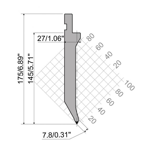 Punch R1 European type TOP Series with Working height=143,8mm, α=60°, Radius=2mm, Material=42Cr, Max. load=8