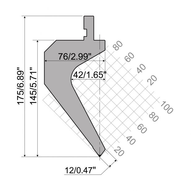 Punch R1 European type TOP Series with Working height=144,2mm, α=75°, Radius=2mm, Material=42Cr, Max. load=7