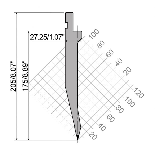 Punch R1 European type TOP Series with Working height=175mm, α=26°, Radius=0,8mm, Material=42Cr, Max. load=9