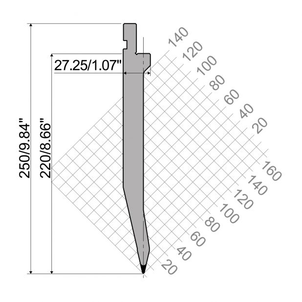 Punch R1 European type TOP Series with Working height=220mm, α=26°, Radius=1mm, Material=42Cr, Max. load=100