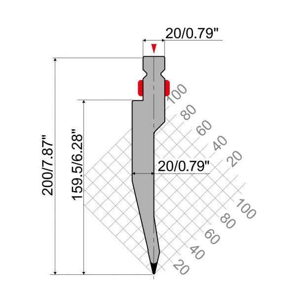 Oberwerkzeug R2 Serie TOP mit Arbeitshöhe=169,5mm, α=26°, Radius=0,8mm, Material=42Cr, Max. Presskraft=1000