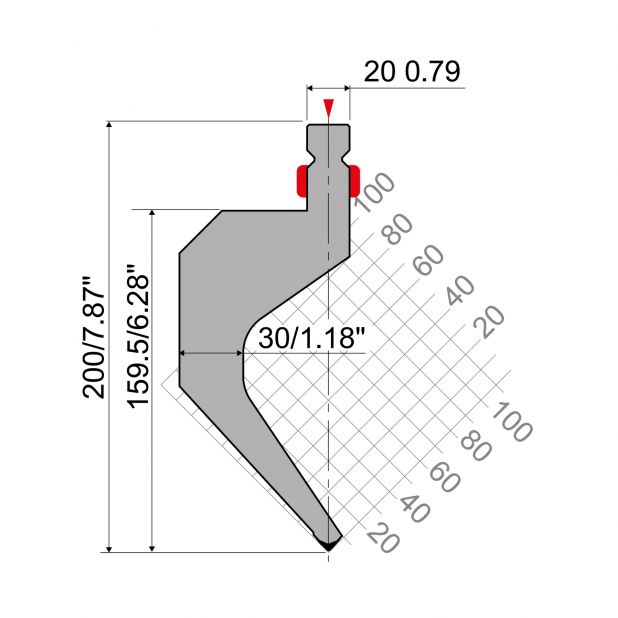 Oberwerkzeug R2 Serie TOP mit Arbeitshöhe=159,5mm, α=85°, Radius=0,8mm, Material=42Cr, Max. Presskraft=800k