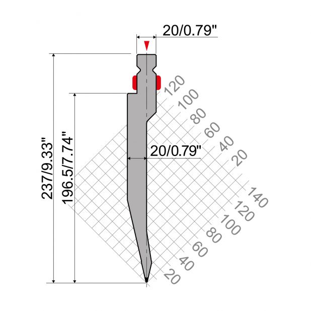 Oberwerkzeug R2 Serie TOP mit Arbeitshöhe=196,5mm, α=26°, Radius=0,8mm, Material=42Cr, Max. Presskraft=1000