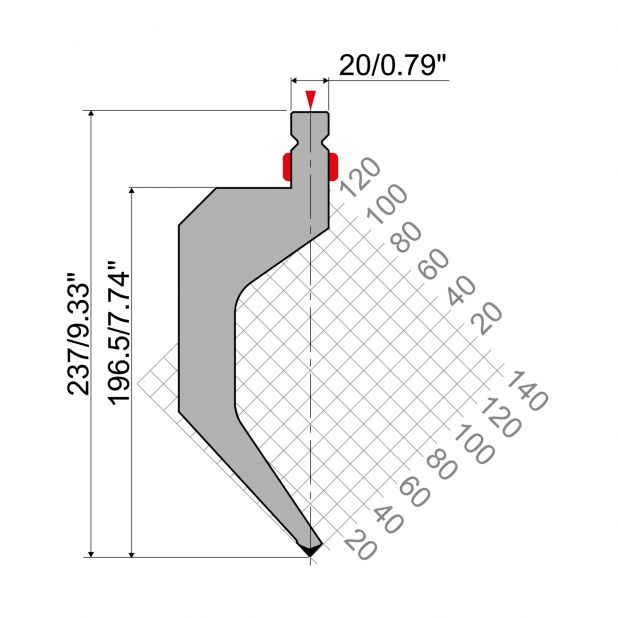 Oberwerkzeug R2 Serie TOP mit Arbeitshöhe=196,5mm, α=85°, Radius=0,8mm, Material=42Cr, Max. Presskraft=800k
