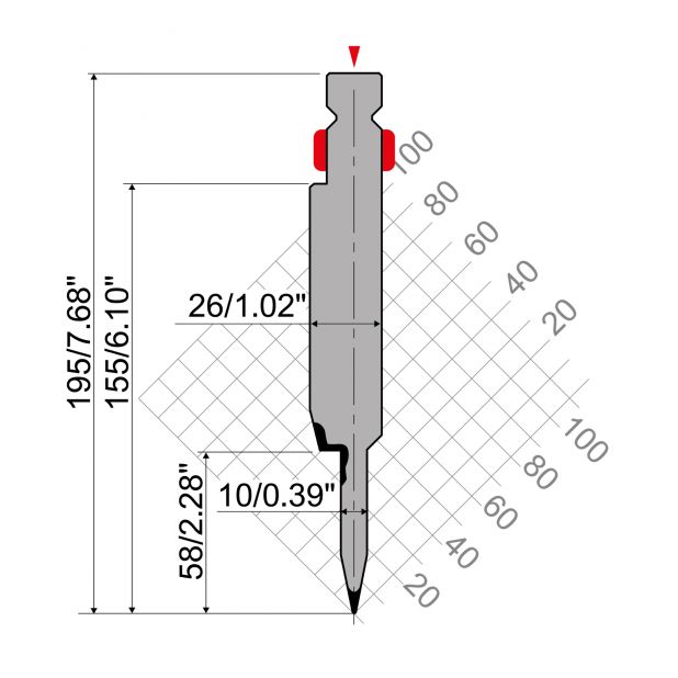 Zudrückwerkzeug R2 mit Arbeitshöhe=155mm, α=24°, Radius=0,6mm, Material=42Cr, Max. Presskraft=800-1000kN/m