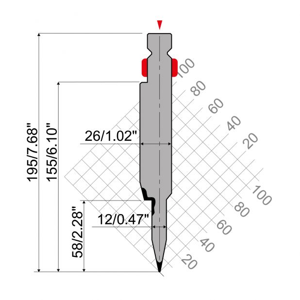 Zudrückwerkzeug R2 mit Arbeitshöhe=155mm, α=24°, Radius=0,6mm, Material=42Cr, Max. Presskraft=800-1000kN/m