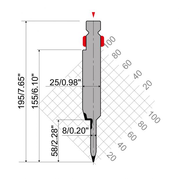 Zudrückwerkzeug R2 mit Arbeitshöhe=155mm, α=24°, Radius=0,6mm, Material=42Cr, Max. Presskraft=800-1000kN/m