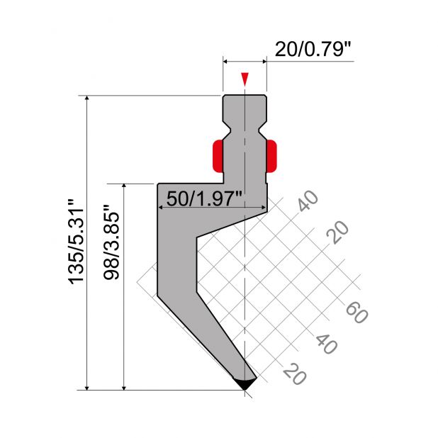 Oberwerkzeug R2 mit Arbeitshöhe=98mm, α=86°, Radius=1mm, Material=42Cr, Max. Presskraft=650kN/m.