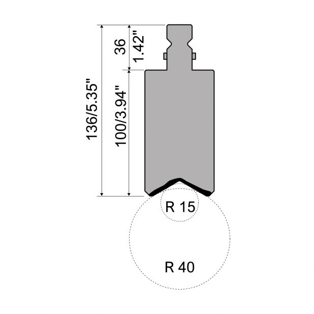 Radienwerkzeuge R2 mit Arbeitshöhe=100mm, Radius=mm, Material=42Cr, Max. Presskraft=1000kN/m.Zu verwenden mit