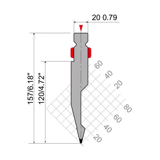 Oberwerkzeug R2 mit Arbeitshöhe=120mm, α=28°, Radius=1mm, Material=42Cr, Max. Presskraft=600kN/m.