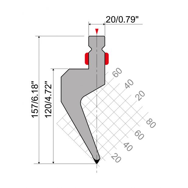 Oberwerkzeug R2 mit Arbeitshöhe=120mm, α=60°, Radius=1mm, Material=42Cr, Max. Presskraft=700kN/m.