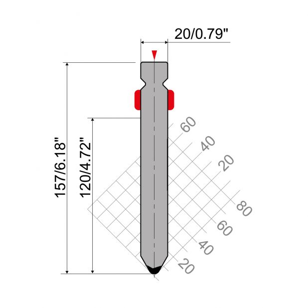 Oberwerkzeug R2 mit Arbeitshöhe=120mm, α=60°, Radius=4mm, Material=42Cr, Max. Presskraft=1300kN/m.