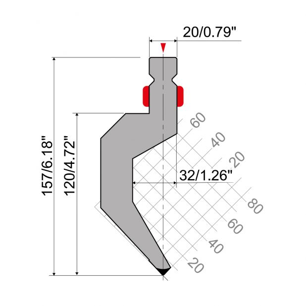 Oberwerkzeug R2 mit Arbeitshöhe=120mm, α=86°, Radius=1mm, Material=42Cr, Max. Presskraft=800kN/m.