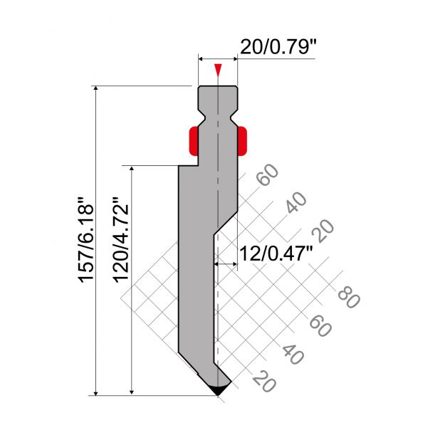 Oberwerkzeug R2 mit Arbeitshöhe=120mm, α=86°, Radius=1mm, Material=42Cr, Max. Presskraft=800kN/m.