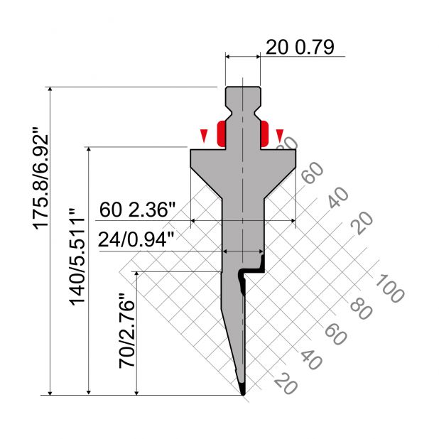 Oberwerkzeug R2 mit Arbeitshöhe=140mm, α=28°, Radius=1mm, Material=42Cr, Max. Presskraft=400kN/m.