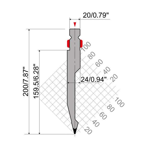 Oberwerkzeug R2 mit Arbeitshöhe=159,5mm, α=28°, Radius=1mm, Material=42Cr, Max. Presskraft=600kN/m.
