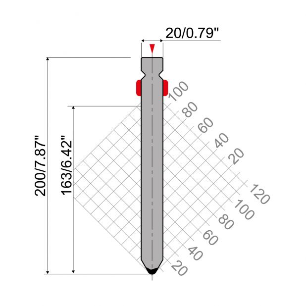 Oberwerkzeug R2 mit Arbeitshöhe=163mm, α=60°, Radius=3mm, Material=42Cr, Max. Presskraft=1600kN/m.