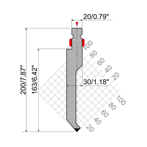 Oberwerkzeug R2 mit Arbeitshöhe=163mm, α=80°, Radius=1mm, Material=42Cr, Max. Presskraft=800kN/m.