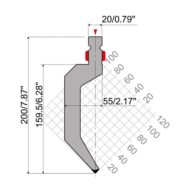 Oberwerkzeug R2 mit Arbeitshöhe=159,5mm, α=86°, Radius=1mm, Material=42Cr, Max. Presskraft=500kN/m.