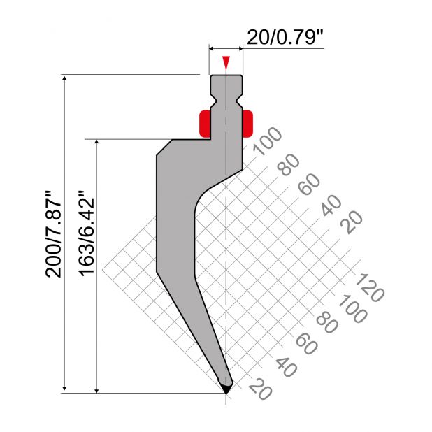 Oberwerkzeug R2 mit Arbeitshöhe=163mm, α=60°, Radius=1mm, Material=42Cr, Max. Presskraft=700kN/m.