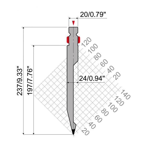 Oberwerkzeug R2 mit Arbeitshöhe=197mm, α=28°, Radius=1mm, Material=42Cr, Max. Presskraft=600kN/m.